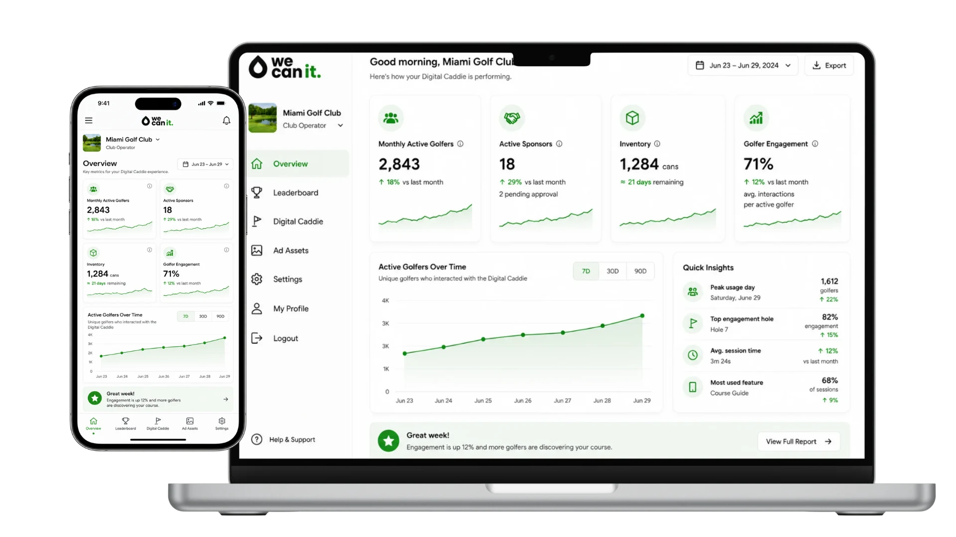 We Can It operator portal showing the Miami Golf & Country Club Digital Caddie dashboard on laptop and phone
