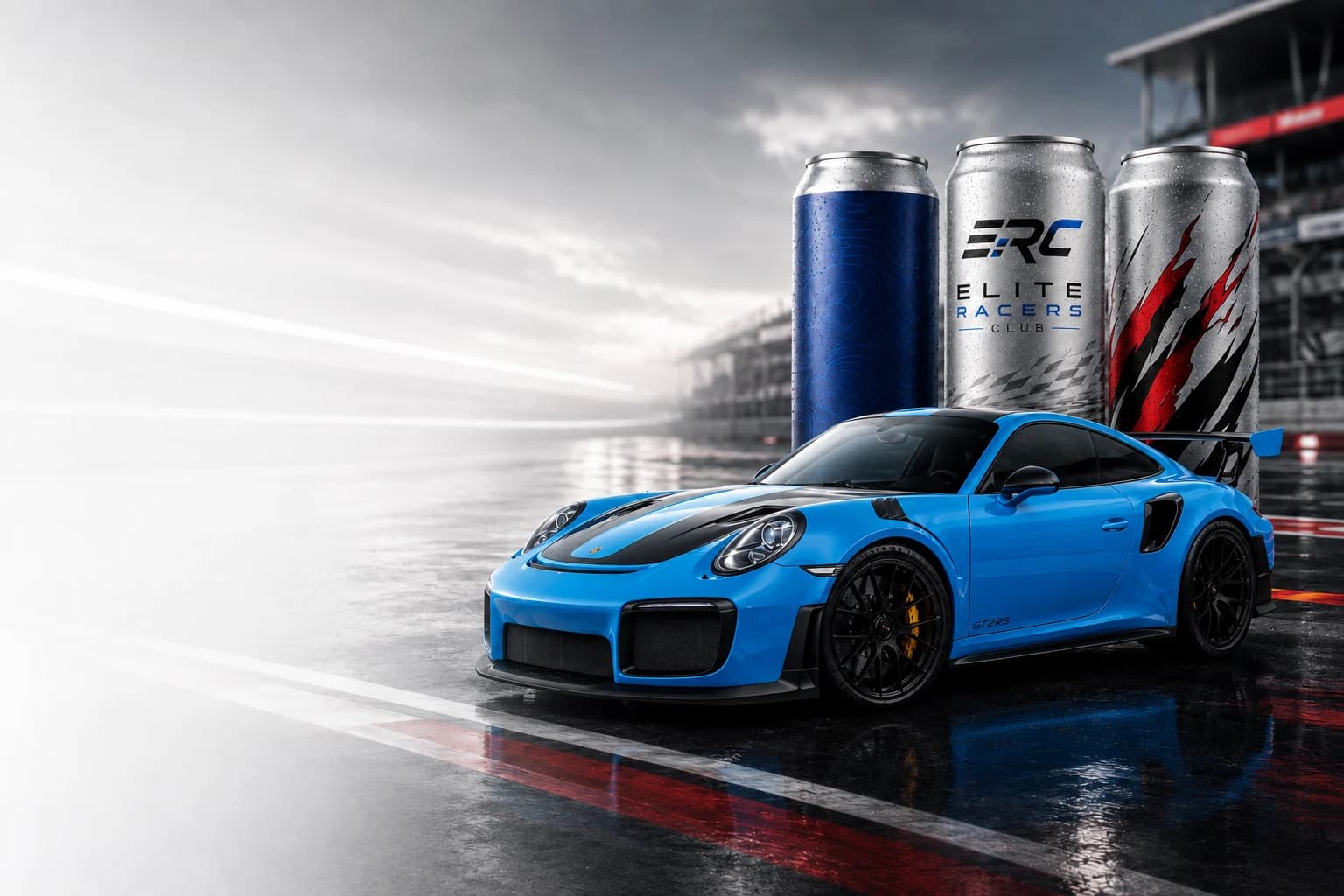 Elite Racers Club: blue Porsche GT2 RS on a wet circuit with branded ERC water cans