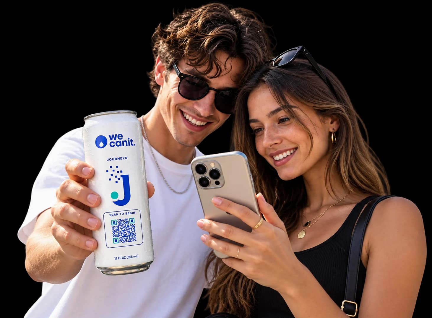 Two young guests smiling as one scans the QR code on a We Can It Journeys can with a phone