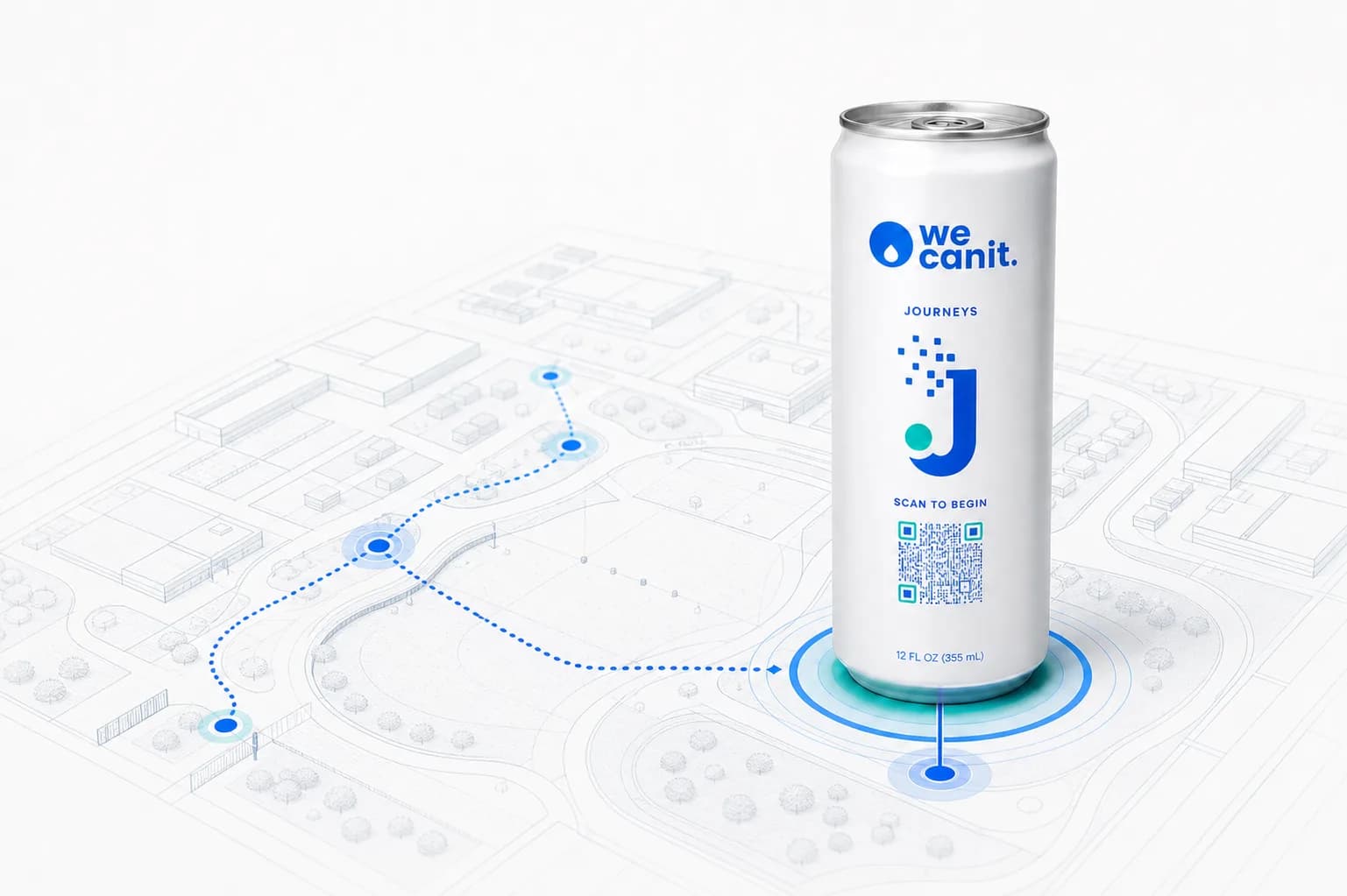 A white We Can It Journeys can with a Scan to Begin QR code standing on a blueprint venue map, with dotted paths connecting glowing hotspots