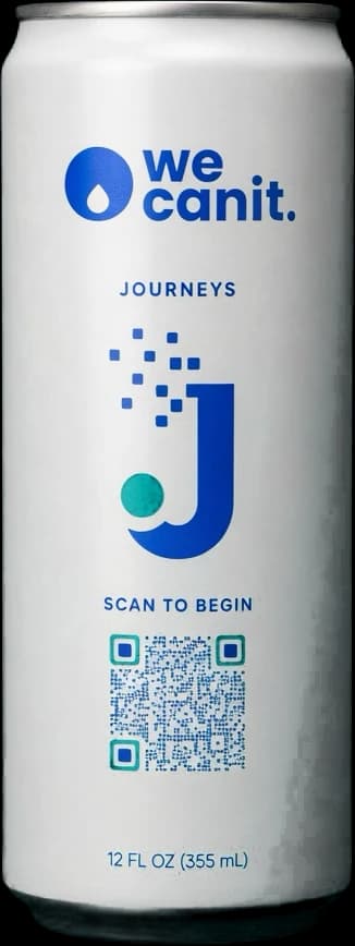 A white We Can It Journeys can with a Scan to Begin QR code