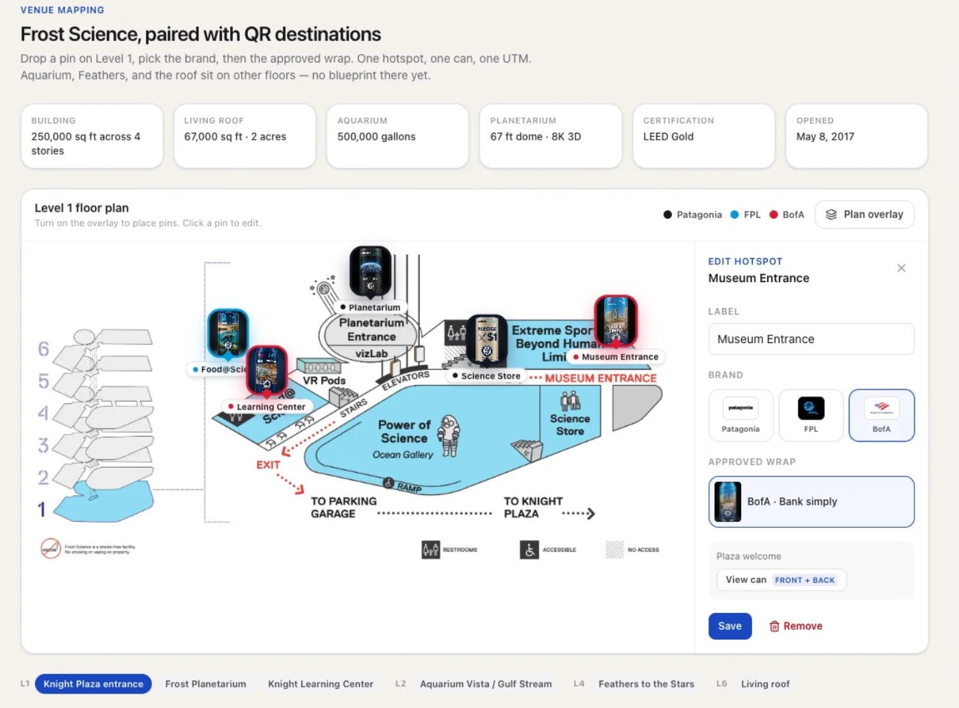 Journeys venue mapping screen: a museum floor plan with a hotspot pin on each serving point and the can wrap assigned to it