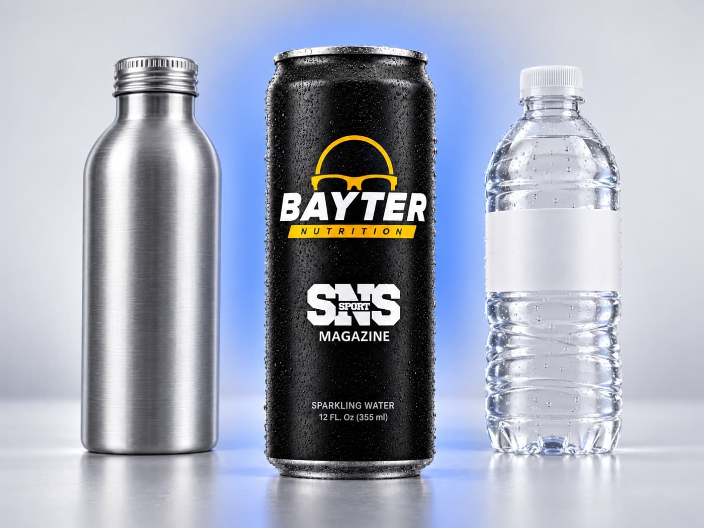 Bayter Nutrition sparkling water can made by We Can It, full wrap print, between a plain aluminum bottle and a plastic bottle with a blank label