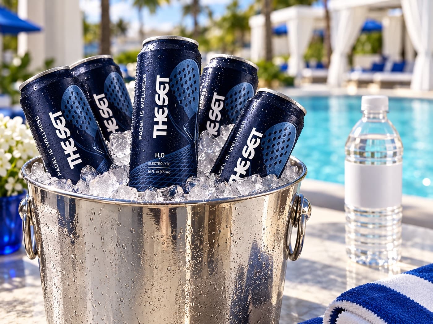 The Set electrolyte water cans made by We Can It chilling in an ice bucket at a poolside event beside a plastic bottle