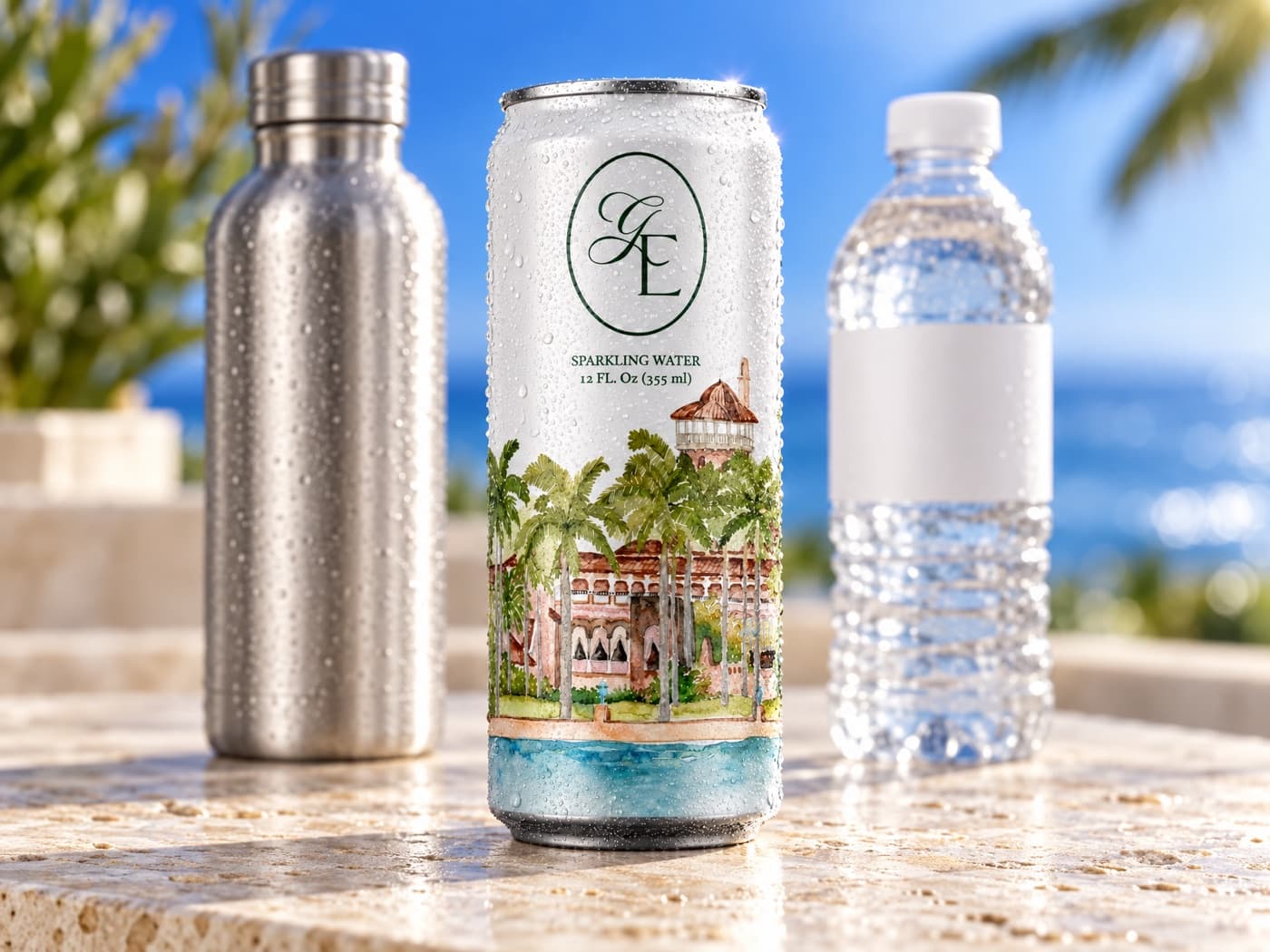 We Can It custom printed GE sparkling water can standing between a plain aluminum bottle and a plastic PET water bottle