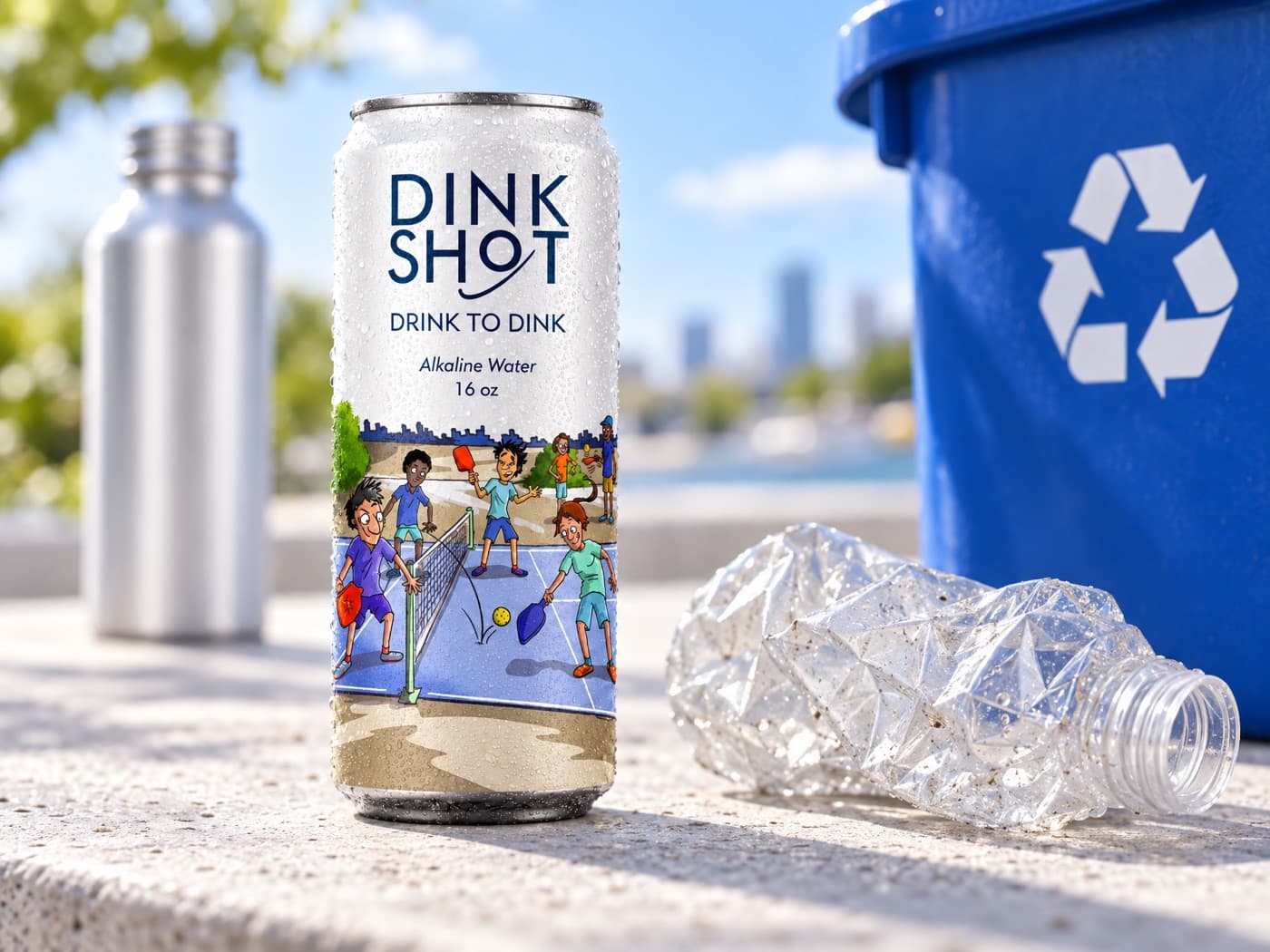 Dink Shot alkaline water can made by We Can It standing upright next to a crushed plastic bottle and a recycling bin