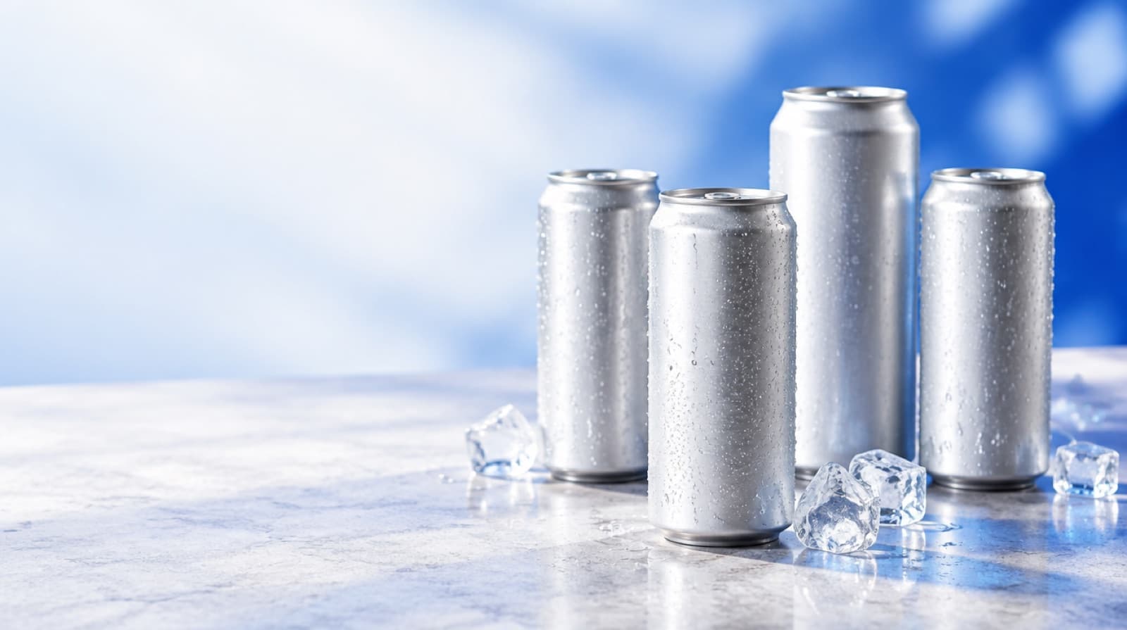 Chilled aluminum water cans with ice on a stone counter